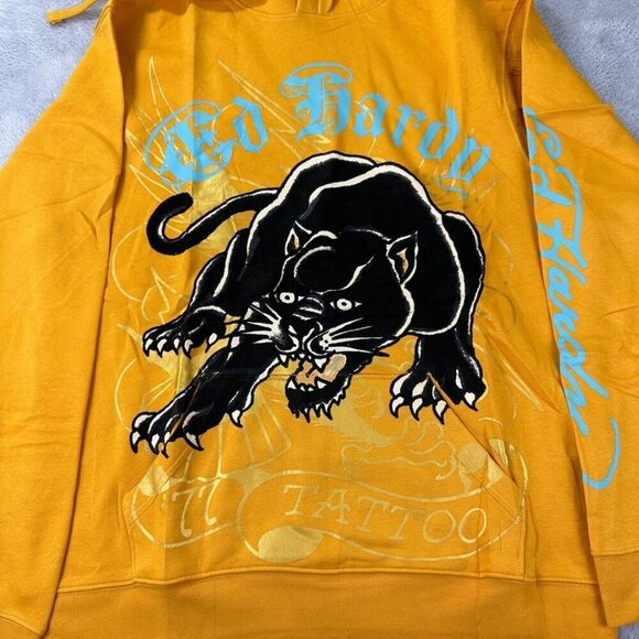 Ed Hardy NWT Men's Size Medium Crouching Panther Yellow Fleece Pullover Hoodie - Picture 8 of 12